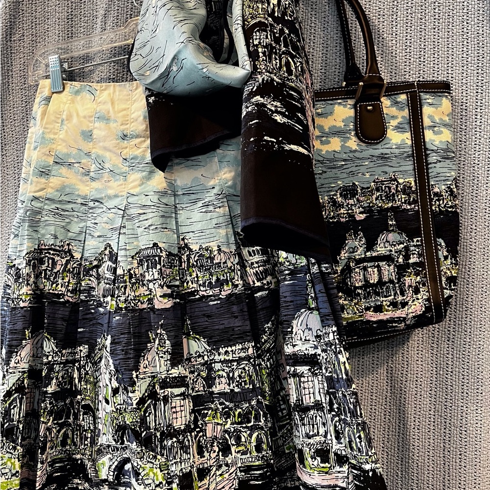 Talbots Spring Matching Trifecta- Skirt, Silk Scarf, Handbag - Venice Pattern